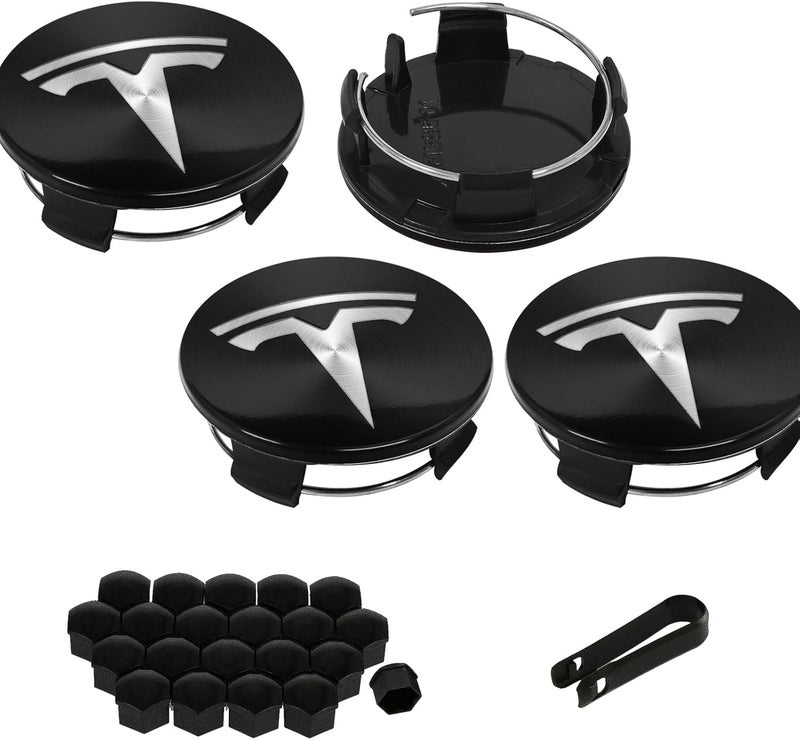 Knomix 4 Pack Exterior Decoration Wheel Center Cover for Tesla Model 3 Model Y,56mm Hubcaps Wheel Rim Cover Tesla Center Caps Hubcaps+20 Black Lug Nut Covers (Glossy Black Backgroud+Silver Emblem) - Image 1